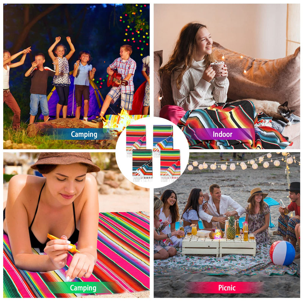 Tudomro 4 PCS Large Authentic Mexican Blankets Colorful Mexican Striped Throw Blankets Serape Fiesta Beach Fringe Yoga for Home Office Camping Picnic (Bright)