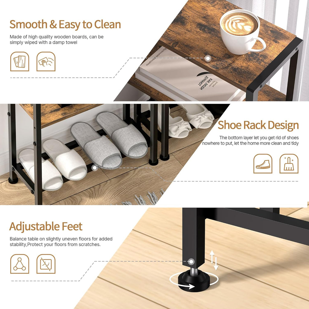 Narrow Side Table for Small Space, 2-Tier Small End Table with Shelf Holder, Slim Nightstand, Skinny Snack Couch Table in Living Room, Bedroom, Study, Kitchen and Balcony (Rustic Brown &Black)