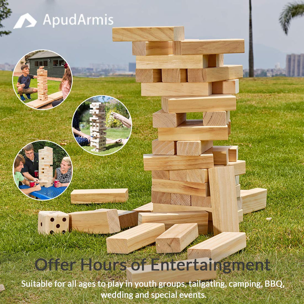 ApudArmis Giant Tumble Tower (Stack from 2Ft to Over 4.2Ft), 54 PCS Pine Wooden Stacking Timber Game with 1 Dice Set - Classic Block Giant Outdoor Game for Teens Adults Family