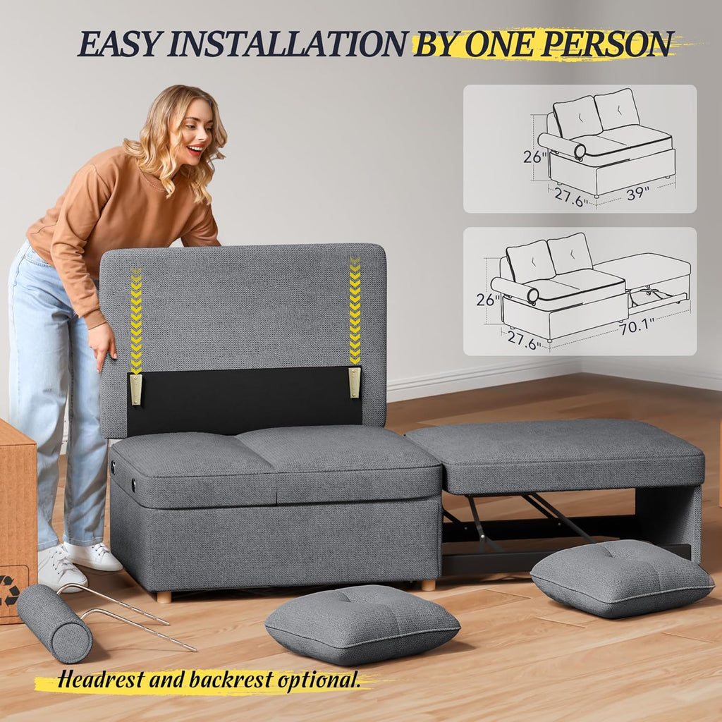 Sleeper Sofa Bed 4-in-1 Convertible Couch, Linen Fabric Love seat Couch with 2 Throw Pillow, Single Recliner for Small Space with 5 Adjustable Angles Backrest