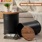 Poofzy Farmhouse End Tables Set of 2, Galvanized Metal Decor Side Table with Wood Lid, Coffee Table Storage Stool for Living Room (Black)