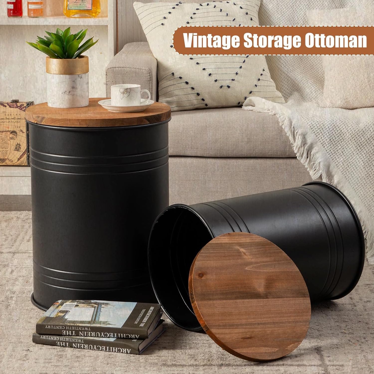 Poofzy Farmhouse End Tables Set of 2, Galvanized Metal Decor Side Table with Wood Lid, Coffee Table Storage Stool for Living Room (Black)