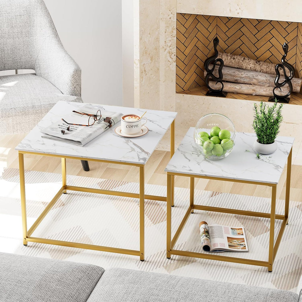 Garden 4 you Coffee Table Set of 2, Modern Engineered Wood Nesting Table, Metal Frame Square Center Table Set, Side Tables, Nesting Coffee Table for Living Room, Bedroom and Small Spaces, 23.6in Gold