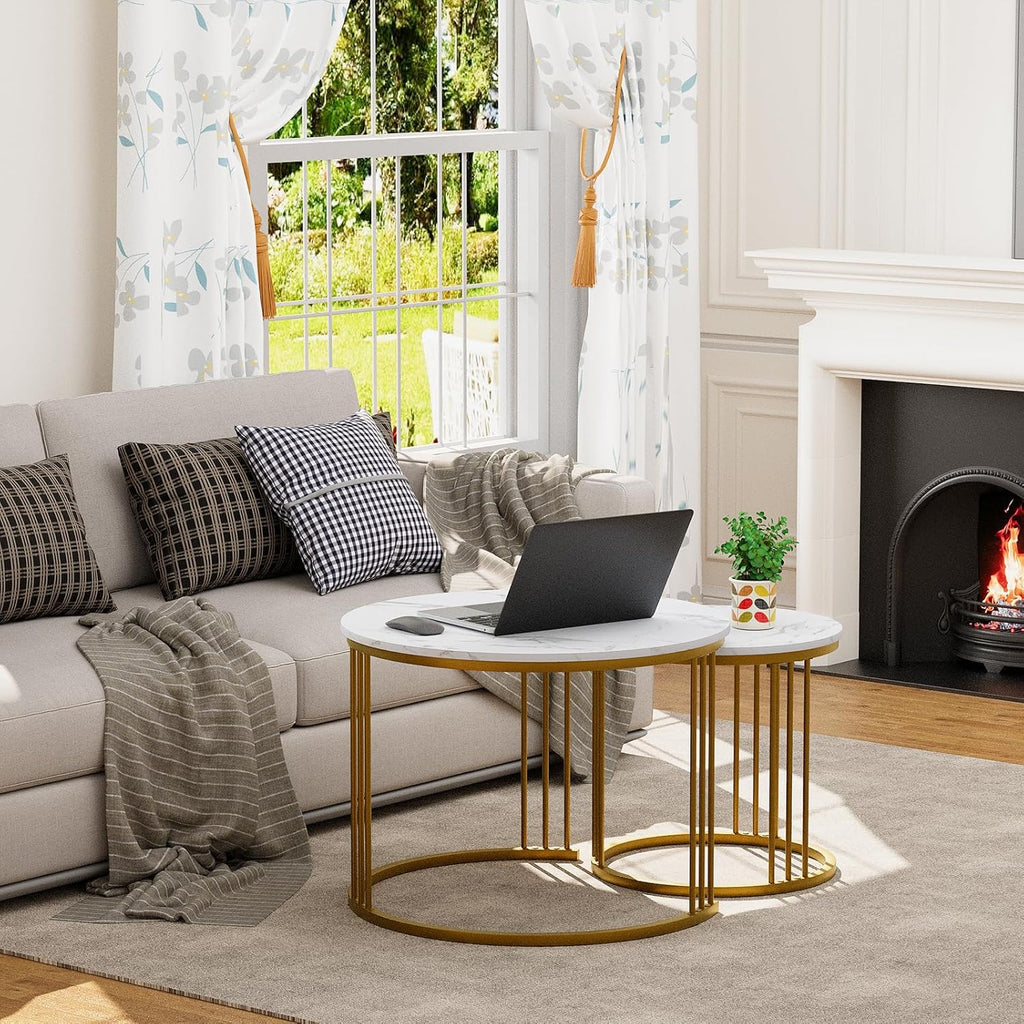 Garden 4 you Coffee Table Faux Marble Nesting Table for Small Place 2 Sets Modern Furniture Living Room Sets End Side Table Night Stand for Bed Room Dining Room (White & Gold)