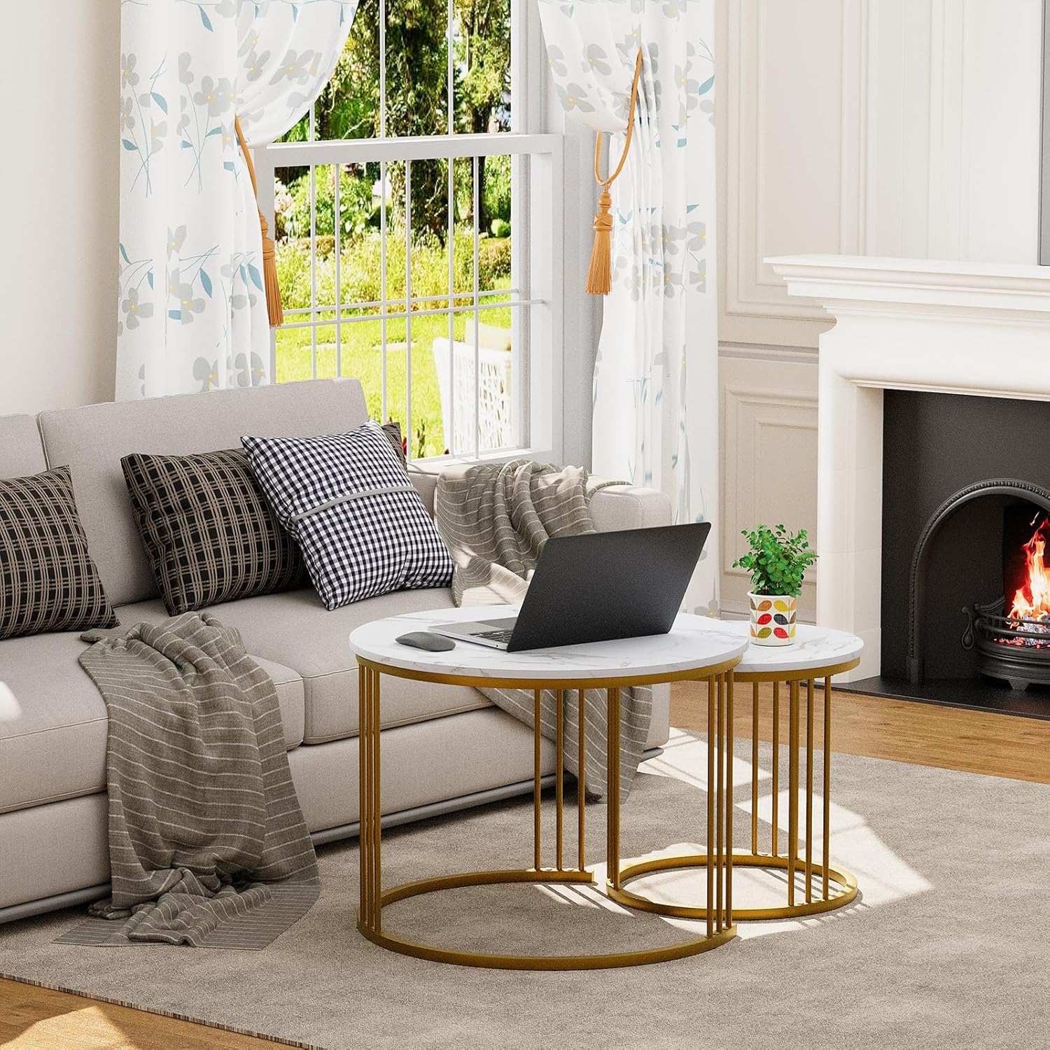 Garden 4 you Coffee Table Faux Marble Nesting Table for Small Place 2 Sets Modern Furniture Living Room Sets End Side Table Night Stand for Bed Room Dining Room (White & Gold)