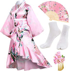 Women's Kimono Robe Geisha Yukata Sweet Tuxedo Ruffle Dress Blossom Satin Bathrobe Sleepwear Fans Tabi Socks Set