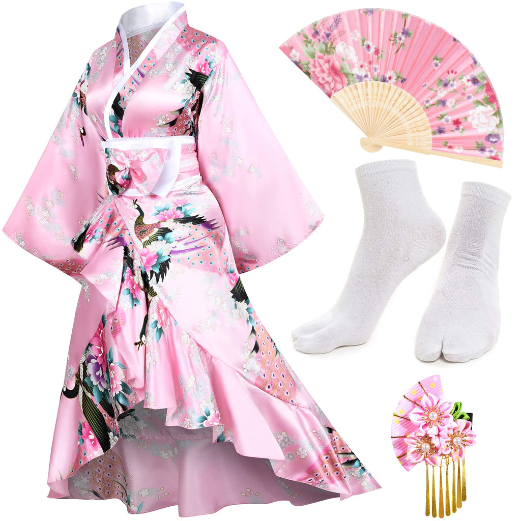 Women's Kimono Robe Geisha Yukata Sweet Tuxedo Ruffle Dress Blossom Satin Bathrobe Sleepwear Fans Tabi Socks Set