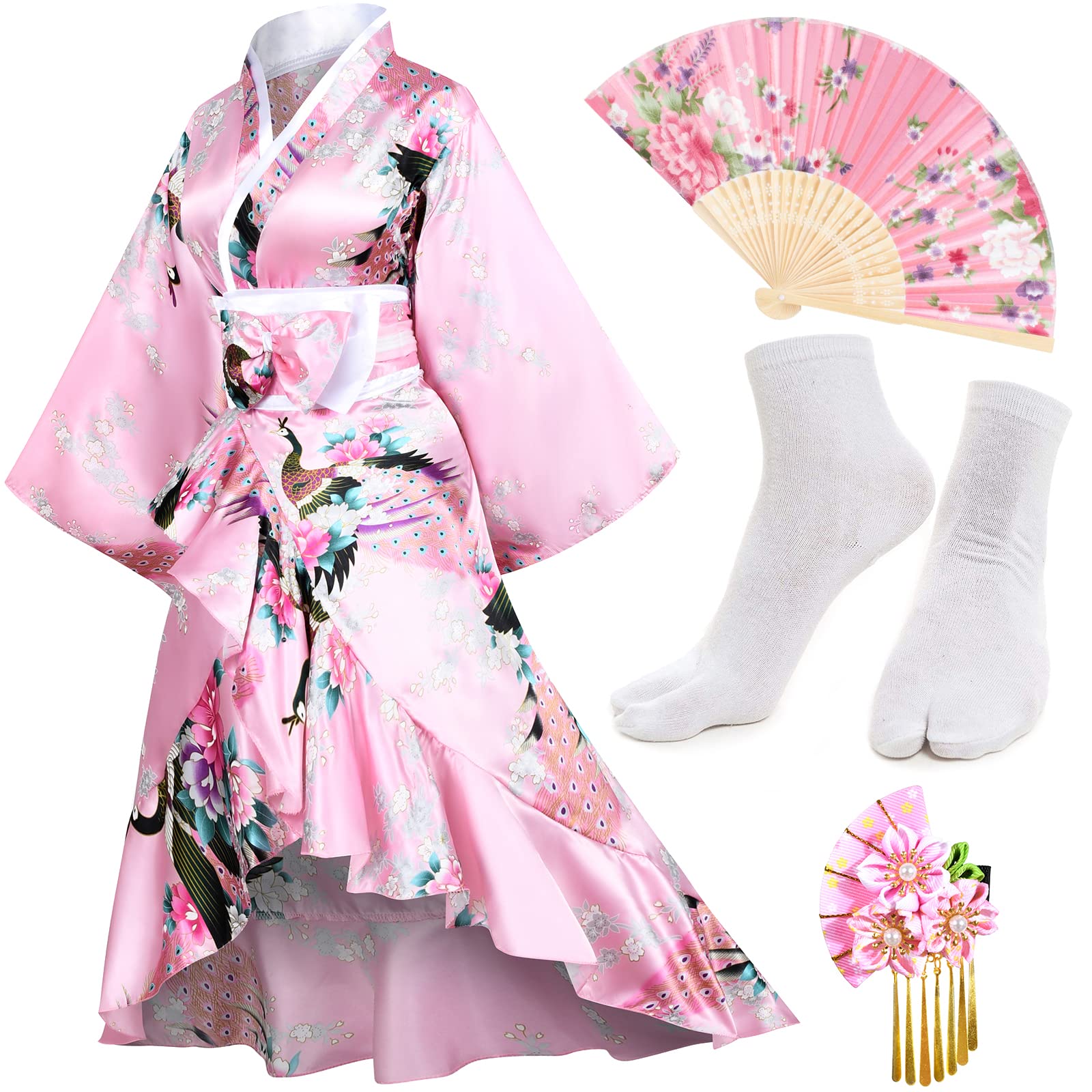 Women's Kimono Robe Geisha Yukata Sweet Tuxedo Ruffle Dress Blossom Satin Bathrobe Sleepwear Fans Tabi Socks Set