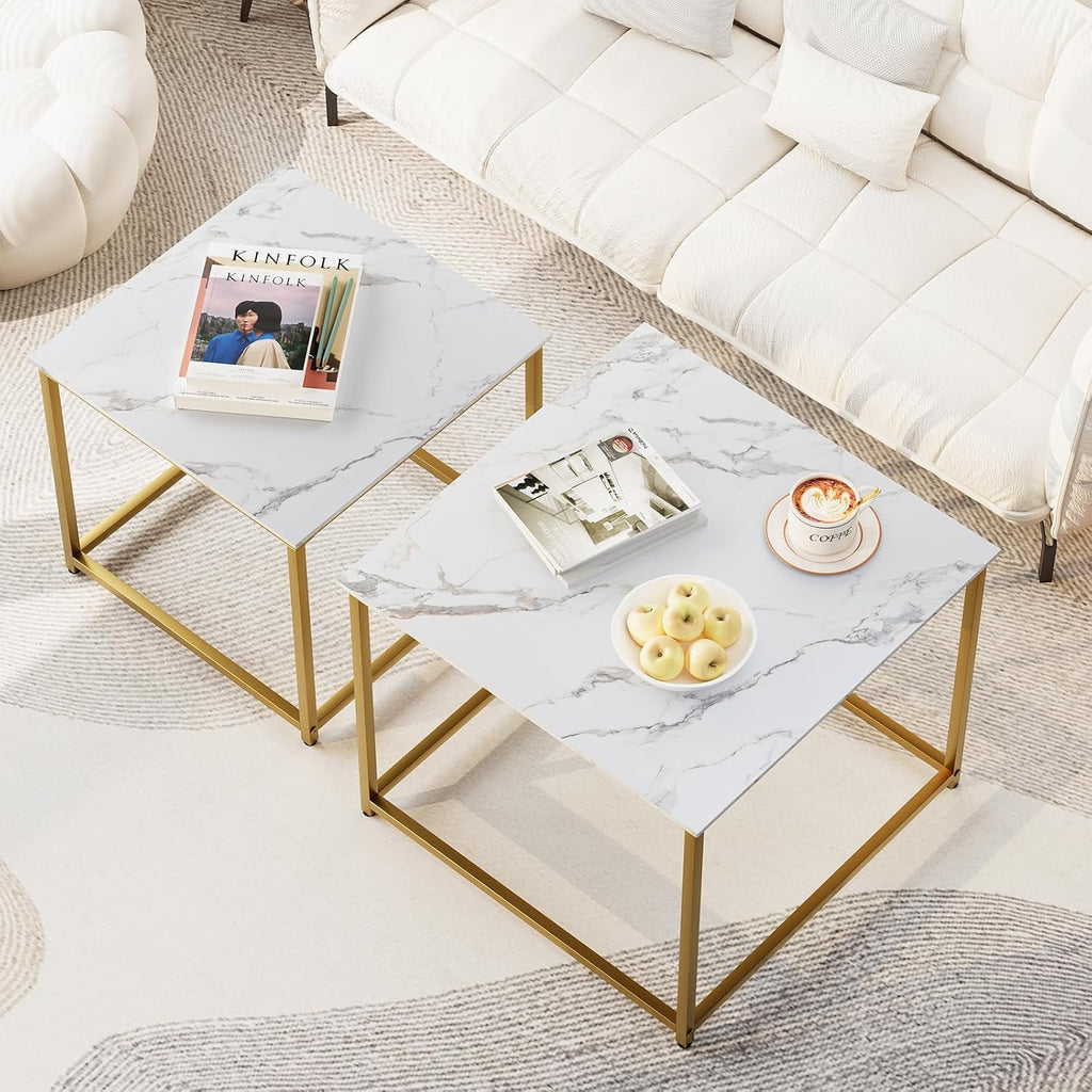 Garden 4 you Coffee Table Set of 2, Modern Engineered Wood Nesting Table, Metal Frame Square Center Table Set, Side Tables, Nesting Coffee Table for Living Room, Bedroom and Small Spaces, 23.6in Gold