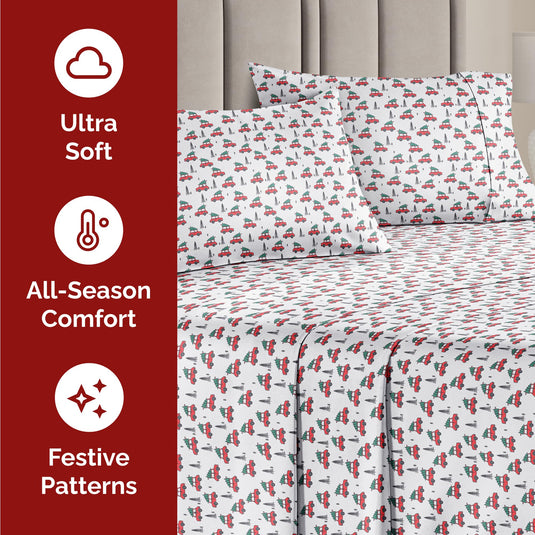 King Christmas Tree Sheet Set - Holiday Xmas Pattern Linen Set - Deep Pockets - Snug Fit - 4 Piece - Wrinkle Free - Comfy & Cooling Festive Winter Bedding - Easy To Care For - Kid Friendly