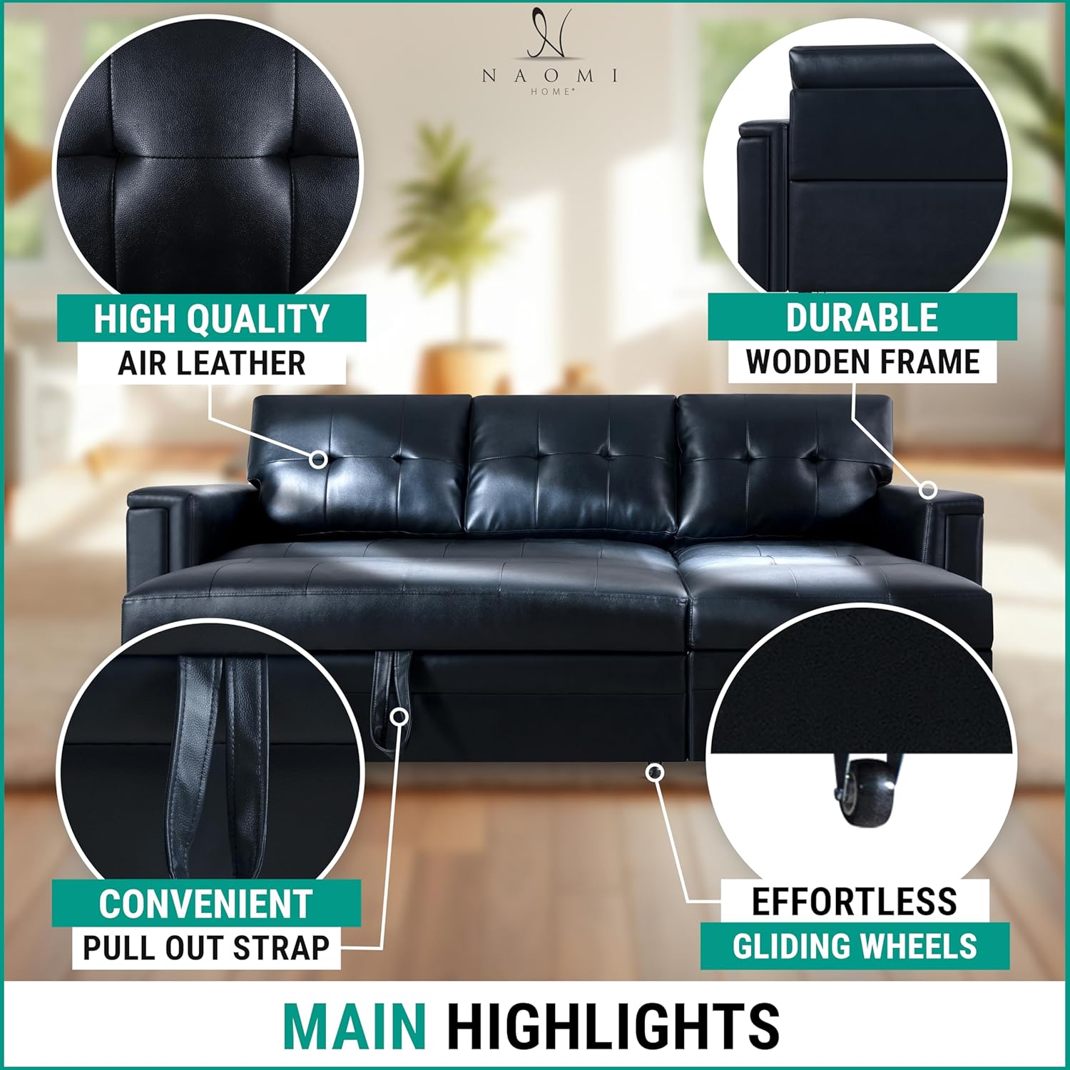 Naomi Home L-Shaped Sectional Sleeper Sofa with USB Ports - Convertible Pull-Out Bed, Ample Storage, Timeless Design, Durable Construction, Black/Air Leather