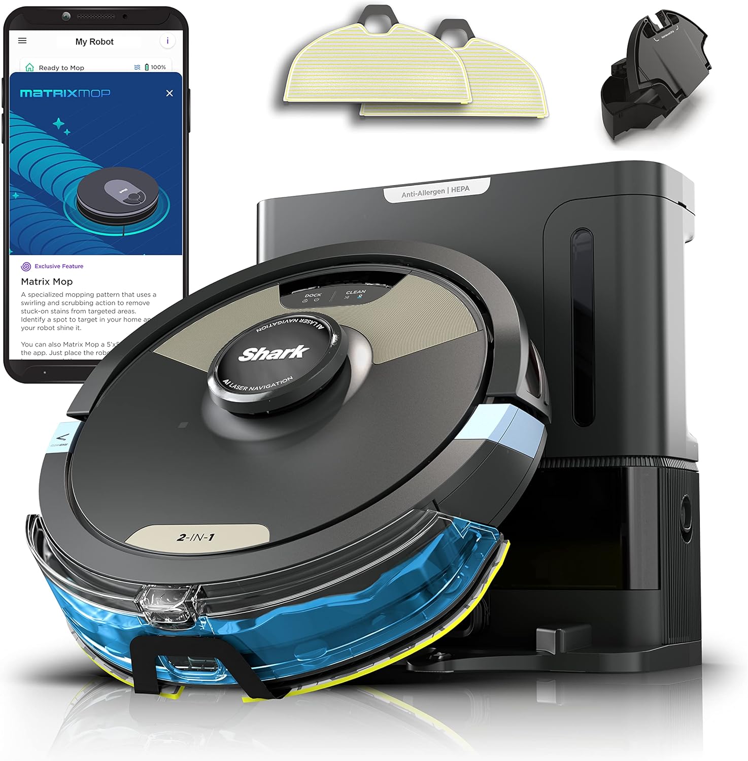Shark Robot Vacuum & Mop Combo, Powerful Suction, Matrix Plus, 60-Day Debris Capacity, HEPA Bagless Self Empty Base, Sonic Mopping, Home Mapping for Pet Hair - Carpets & Hardfloor, AV2610WA