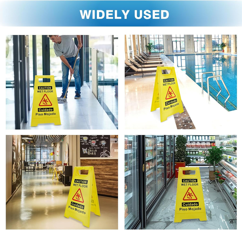 2 Pack Caution Wet Floor Sign, 17.5" Height, Bright Yellow, Double-Sided A-Frame Safety Caution Sign Commercial, Bilingual Caution Message
