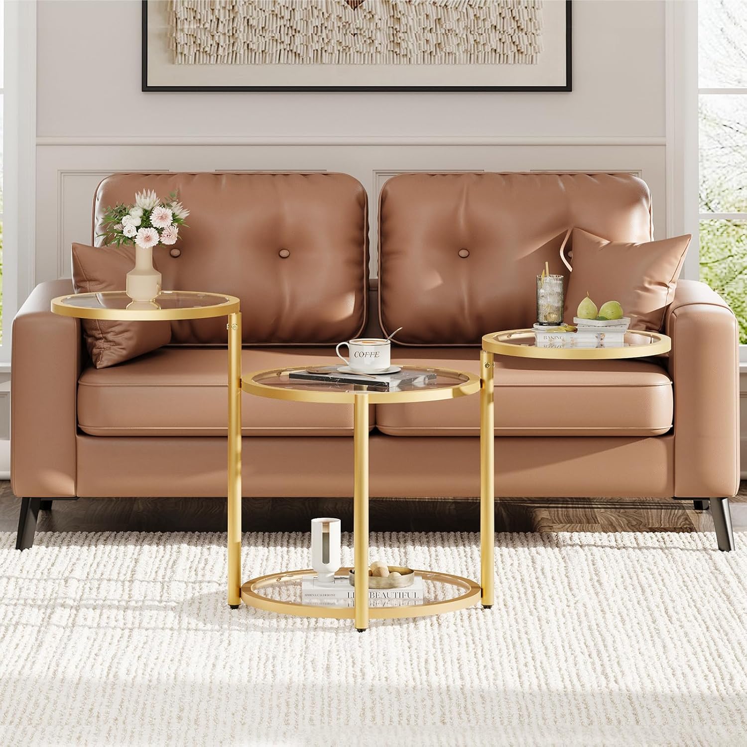 Round Glass Coffee Table - 4 Tier Coffee Tables for Living Room with Rotating Top, Circle Coffee Table with Storage, Modern Clear Center Table with Metal Frame for Small Space, Office, Gold