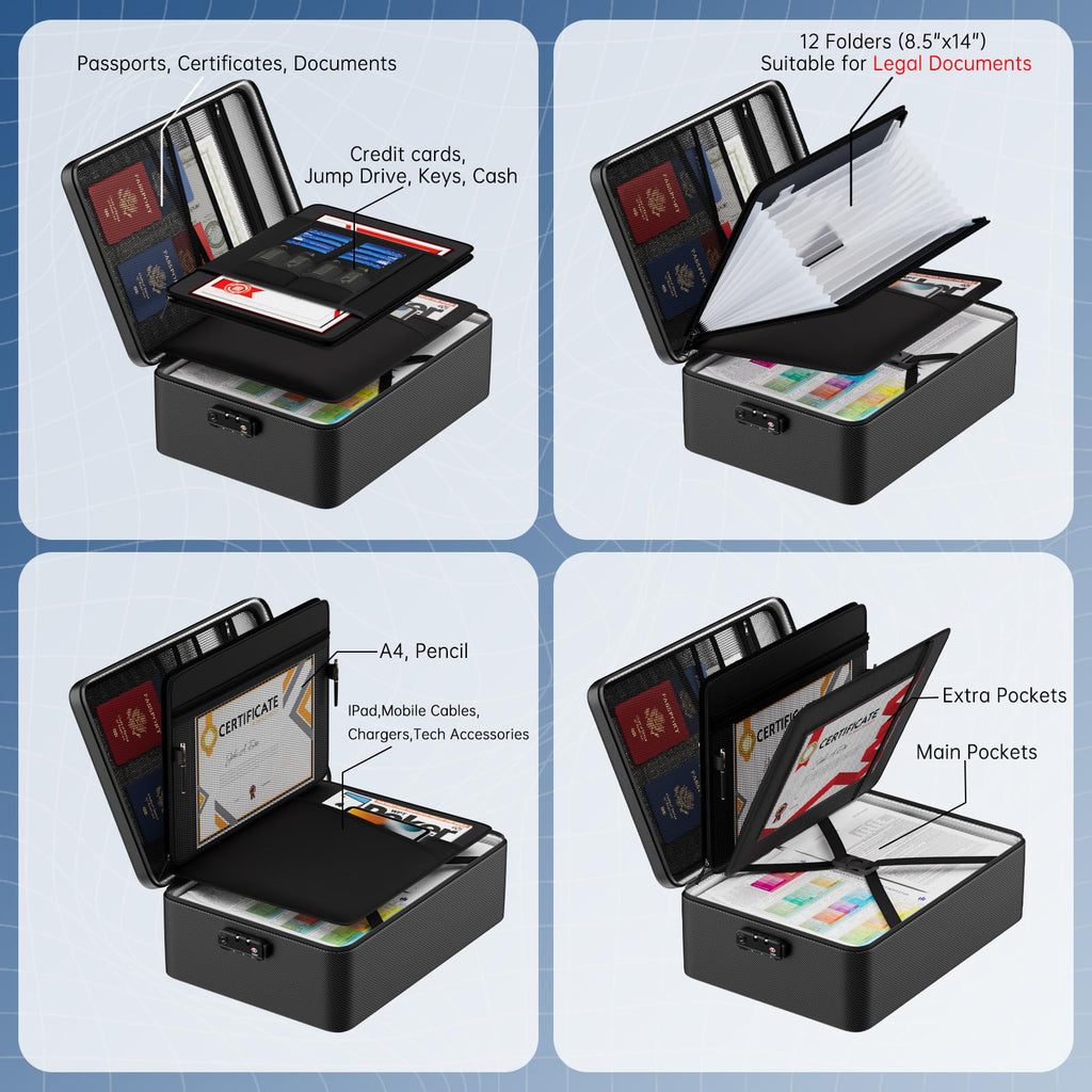 Sac ignifuge 5200℉, Nombreuses poches, Taille légale/Lettre/A4, Boîte à documents étanche avec fermeture éclair et serrure, Organisateur de documents importants à 4 couches, Coffre portable pour maison, voyage, bureau 17"x12"x5.3"