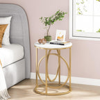 LITTLE TREE 20” Round End Table，Modern Sofa Side Table with Gold O-Shaped Base, Faux Marble White Cocktail Table Accent Table Nightstand for Living Room Bedroom