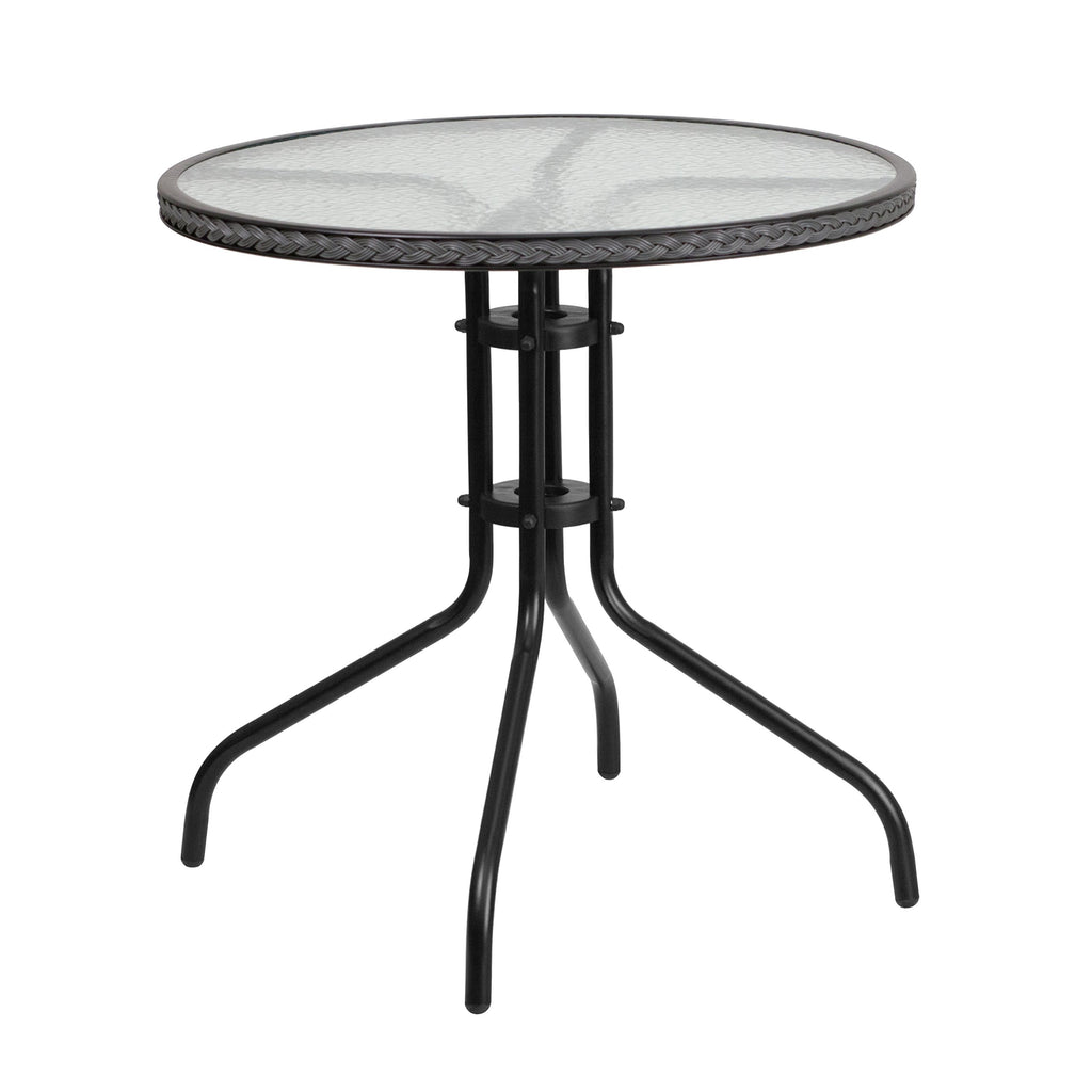 Flash Furniture Barker 28'' Round Tempered Glass Metal Table with Black Rattan Edging