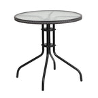 Flash Furniture Barker 28'' Round Tempered Glass Metal Table with Dark Brown Rattan Edging