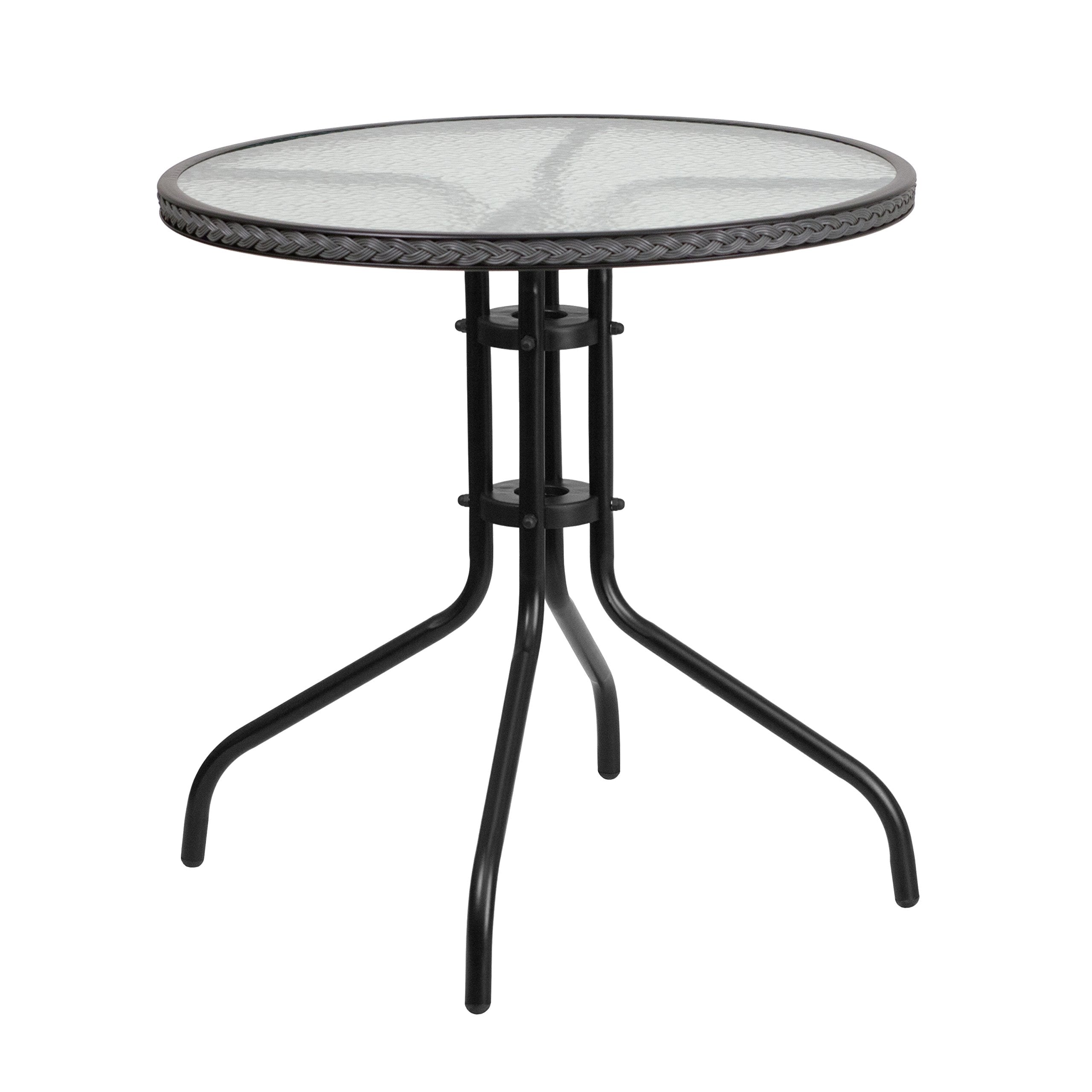 Flash Furniture Barker 28'' Round Tempered Glass Metal Table with Dark Brown Rattan Edging