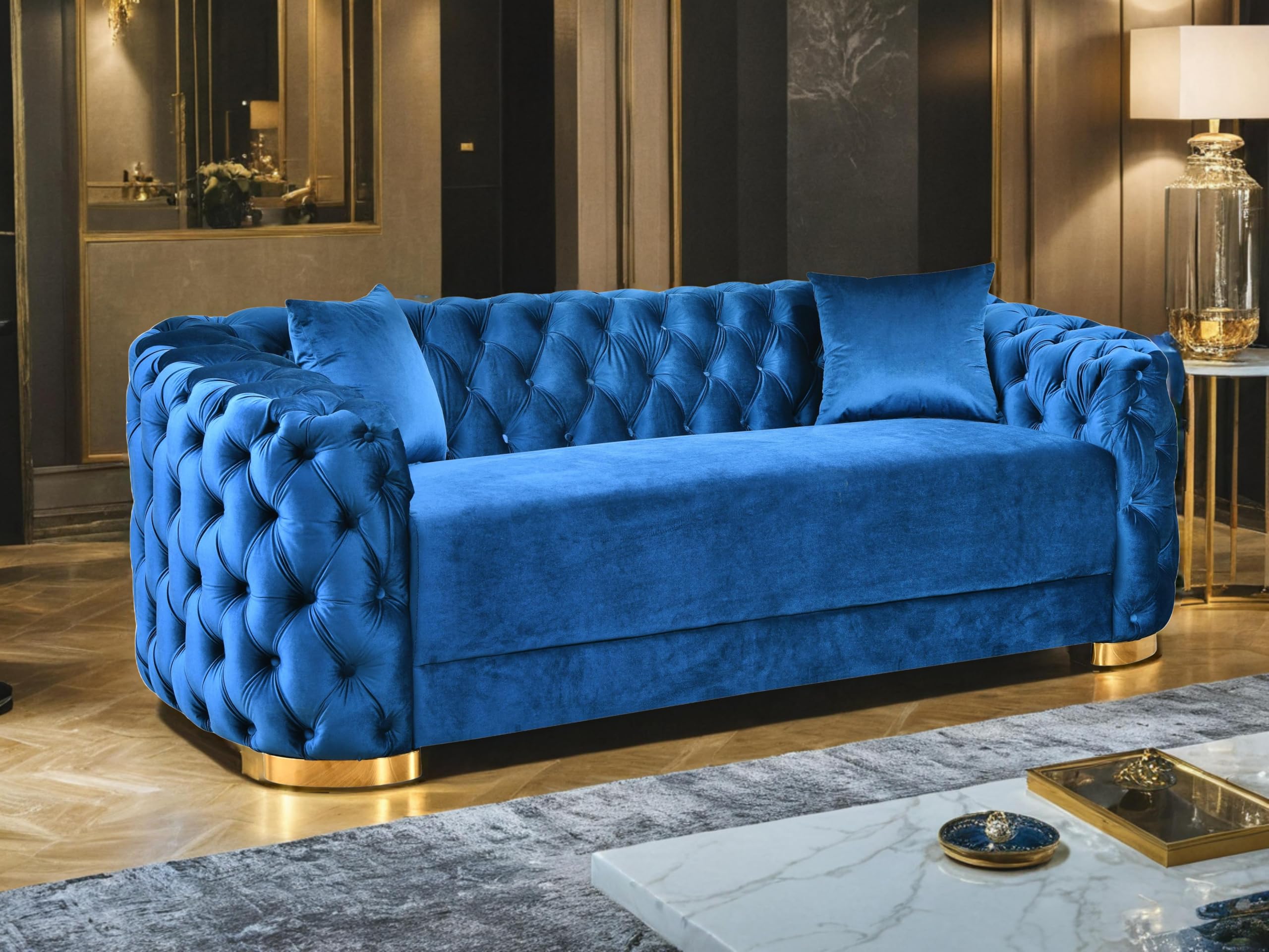 THSUPER 89'' Luxury Velvet Chesterfield Couch, 3 Seater Vintage Button Tufted Victorian Sofa with Wide Armrest, Grey Modern Sofas with 2 Pillows and Gold Metal Legs for Living Room,Office, Hotel