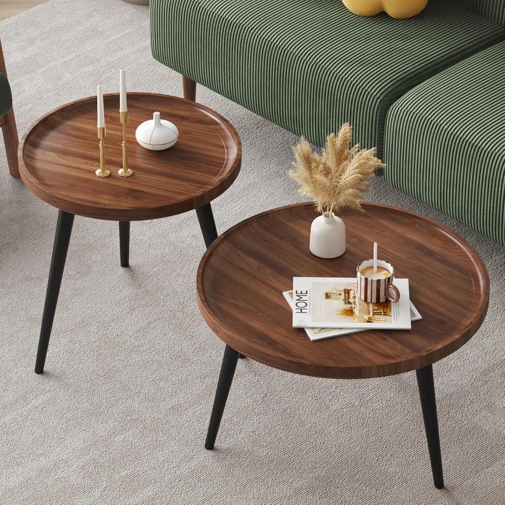 2 Pcs Mid Century Modern Coffee Table Round for Living Room,Easy Assembly Nesting Coffee Tables,Minimalist Circle Walnut Coffee Table for Bedroom Office Balcony Yard