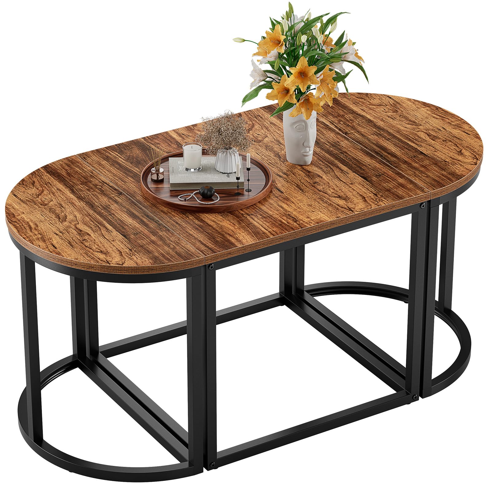 GreenForest Coffee Table Oval 3pcs Set, Modern Living Room Table with 2 End Tables, Small Center Table with Metal Frame for Home Apartment, Gray Wash