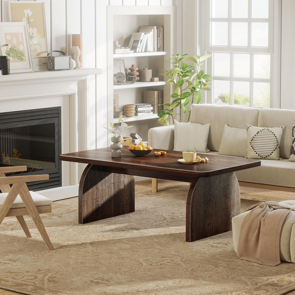 Farmhouse Coffee Table for Living Room - Dark Wood Rustic Rectangle Coffee Table Walnut, Solid Wooden Brown Center Table