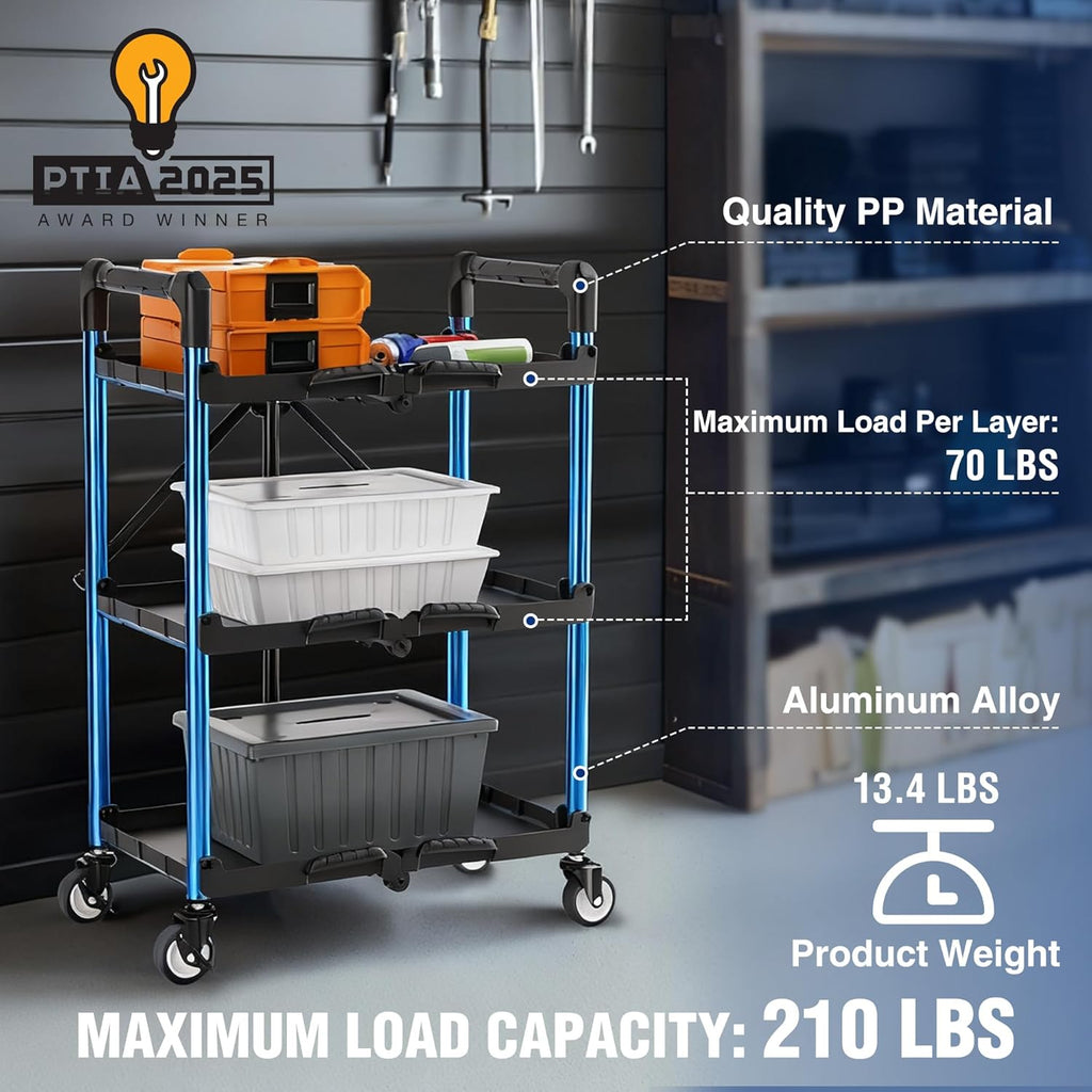 WORKPRO 3-Tier Collapsible Service Cart, 210 LBS Foldable Utility Service Cart with Wheels, Portable Tool Cart for Garage, Warehouse, Home, Restaurant, Office (No Assembly Required)