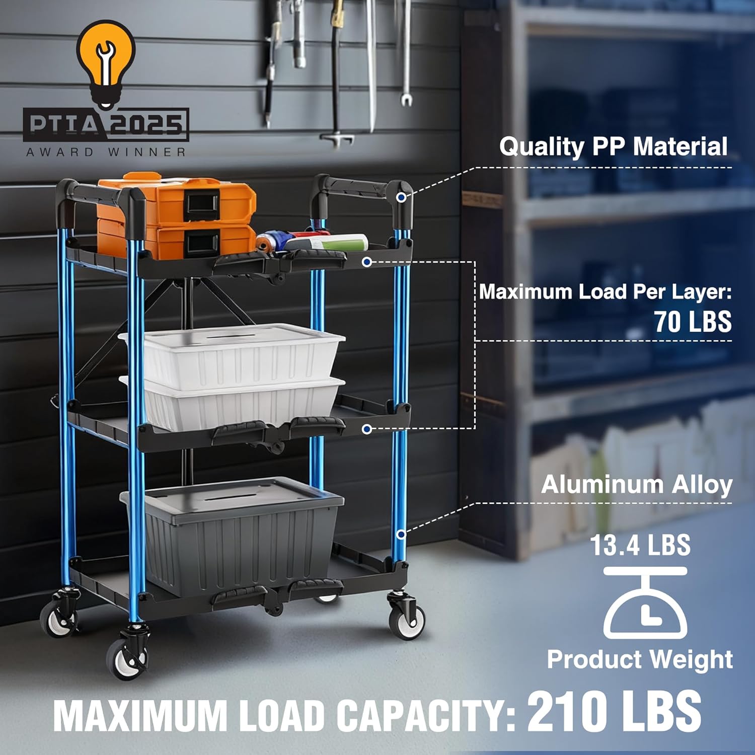 WORKPRO 3-Tier Collapsible Service Cart, 210 LBS Foldable Utility Service Cart with Wheels, Portable Tool Cart for Garage, Warehouse, Home, Restaurant, Office (No Assembly Required)