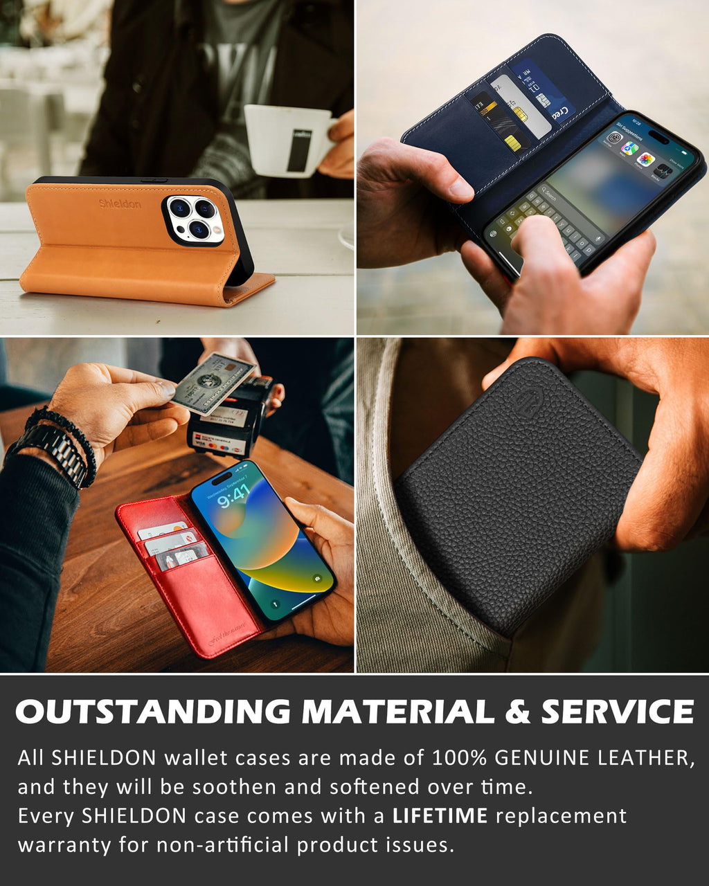 SHIELDON Case for iPhone 13 Pro Max 5G, Genuine Leather Folio Wallet Magnetic Shock Absorbing Case RFID Blocking Credit Card Holder Kickstand Compatible with iPhone 13 Pro Max 6.7" - Retro Brown