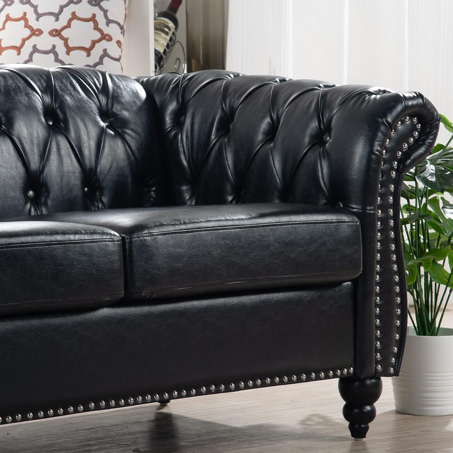Chesterfield PU Leather Sofa, Upholstered PU Sofa with Tufted Back, Classic 3 Seater Leather Couch Rolled Arm for Living Room Office, Black