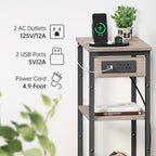 Tall End Table with Charging Station, 3 Tier Narrow Beside Table with Adjustable Shelf, Tall Side Table Nightstand for Bedroom, Living Room Coffe Table, Office, Greige