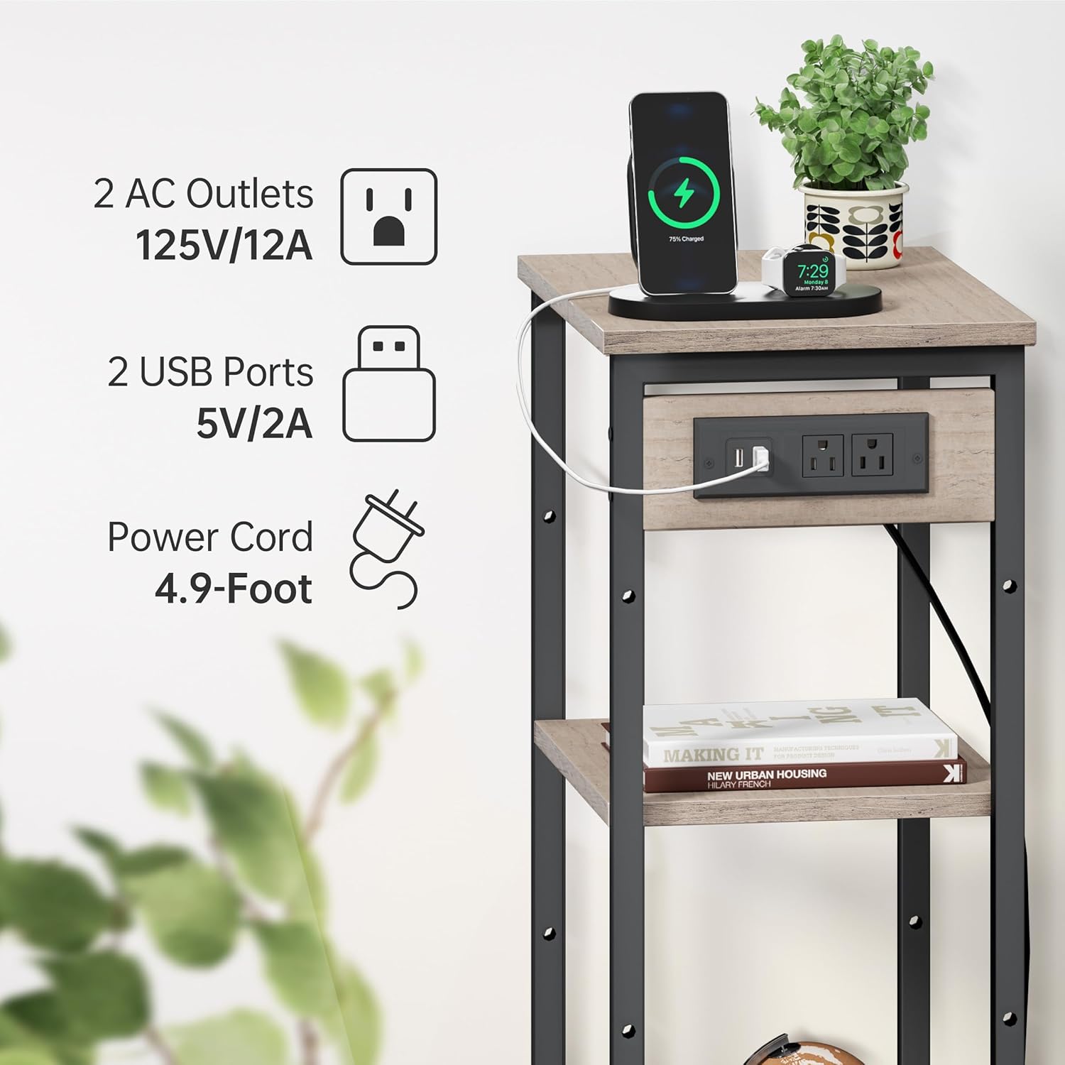 Tall End Table with Charging Station, 3 Tier Narrow Beside Table with Adjustable Shelf, Tall Side Table Nightstand for Bedroom, Living Room Coffe Table, Office, Greige