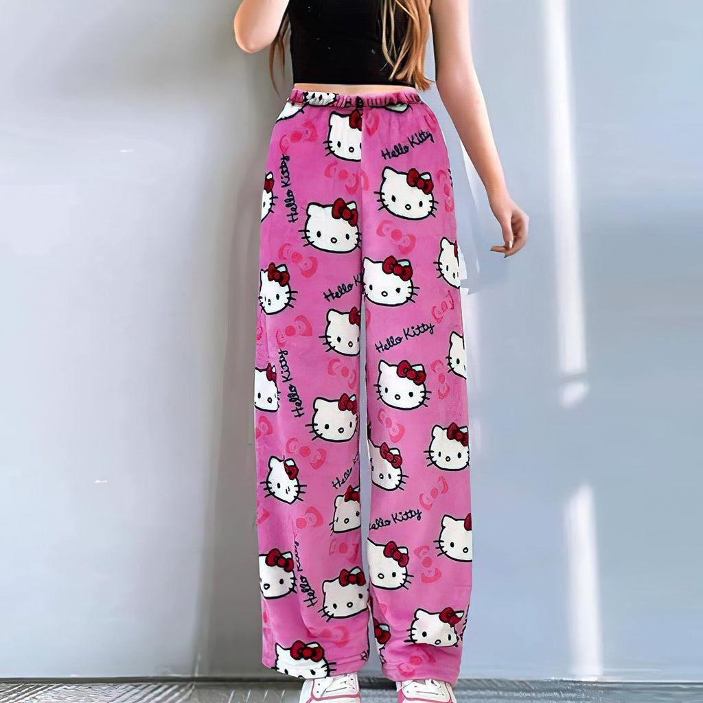 Cartoon Pajamas Pants for Women Girls Cute Cat Print Flannel Sleep Bottoms Halloween Christmas Sleepwear M