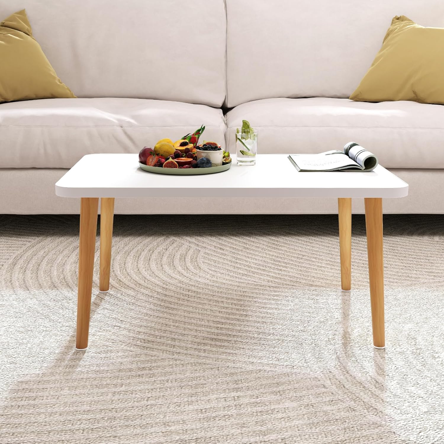 Square Coffee Table Low Table with 4 Solid Wood Sturdy Legs, Floor Table Desk for Sitting on The Floor, Storage and Living Room Furniture (White)