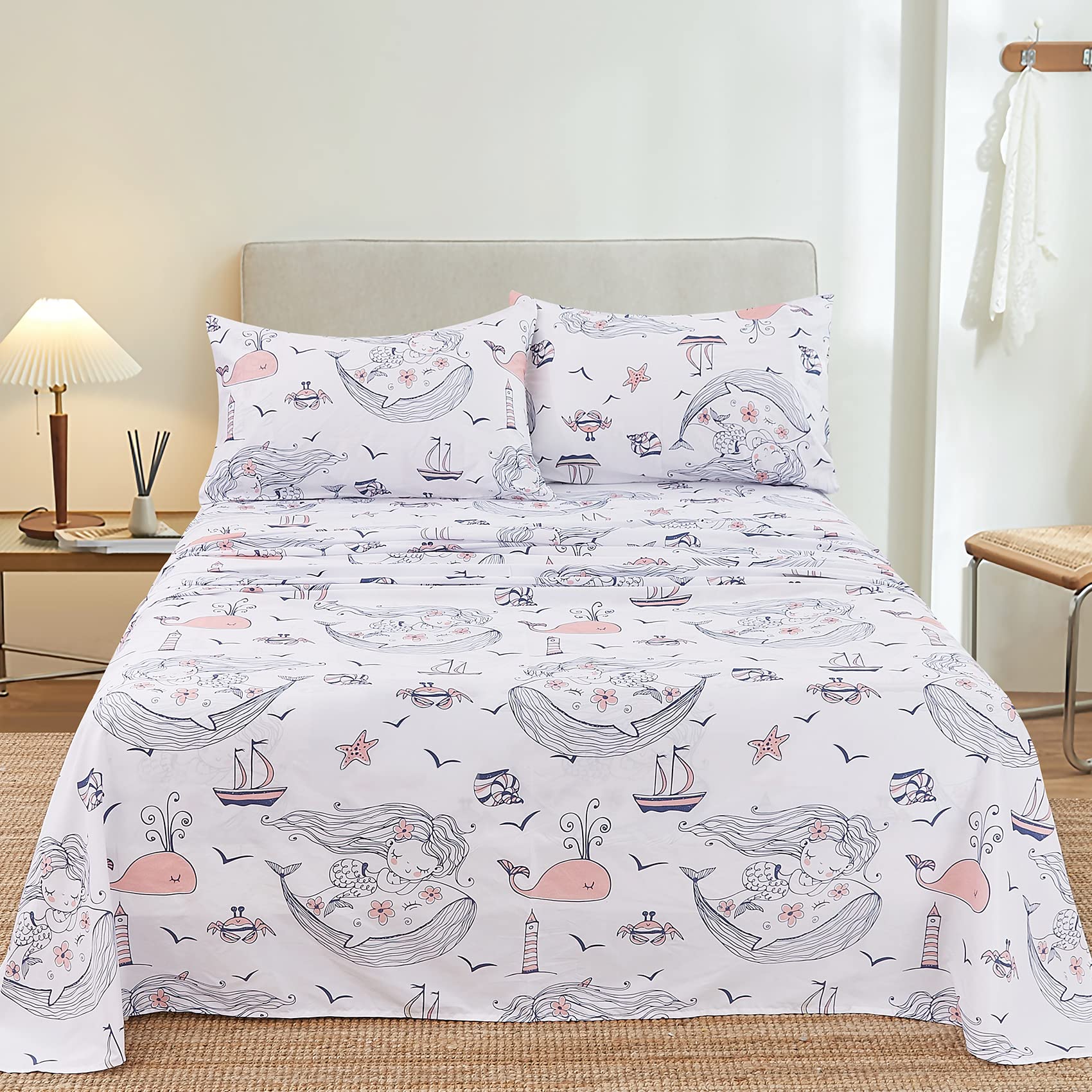 ست ملحفه کودکان یونیکورن صورتی JSD، سایز تویین، ۳ تکه، ملحفه‌های رختخواب میکروفایبر چاپ شده با طرح رنگین کمان برای دختران، جیب عمیق