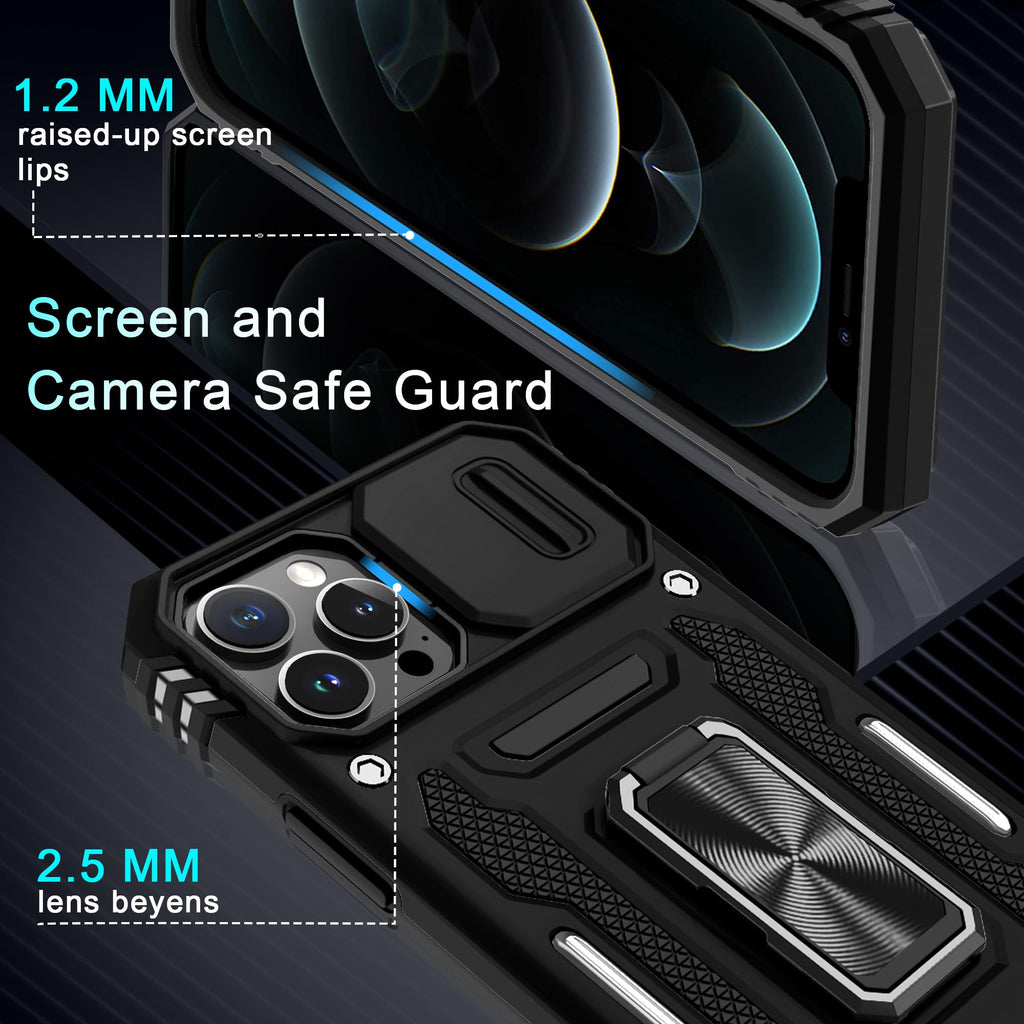 DEERLAMN Hoes voor iPhone 13 Pro Max met schuifcamera cover+schermbeschermer (1 stuk), gedraaide ring standaard militaire graad schokbestendige beschermhoes 6.7 inch-zwart