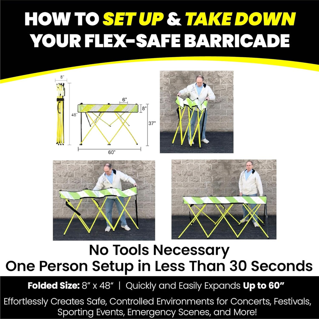 Flex-Safe Safety Barriers, Portable Expandable Barricade 5 ft Traffic Barricade Parking Barrier Folding Security Gate Scissor Gate Traffic Cones Alternative High Vis Yellow