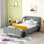 Lit en forme de voiture taille simple Harper & Bright Designs avec roues, lit simple pour enfants avec tête de lit et pied de lit, cadre de lit plateforme en bois taille simple, lit Flash McQueen pour enfants garçons filles (gris)