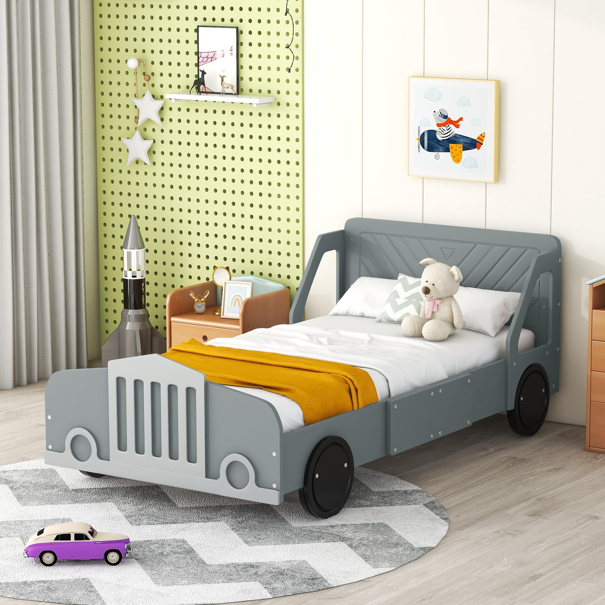 Lit en forme de voiture taille simple Harper & Bright Designs avec roues, lit simple pour enfants avec tête de lit et pied de lit, cadre de lit plateforme en bois taille simple, lit Flash McQueen pour enfants garçons filles (gris)