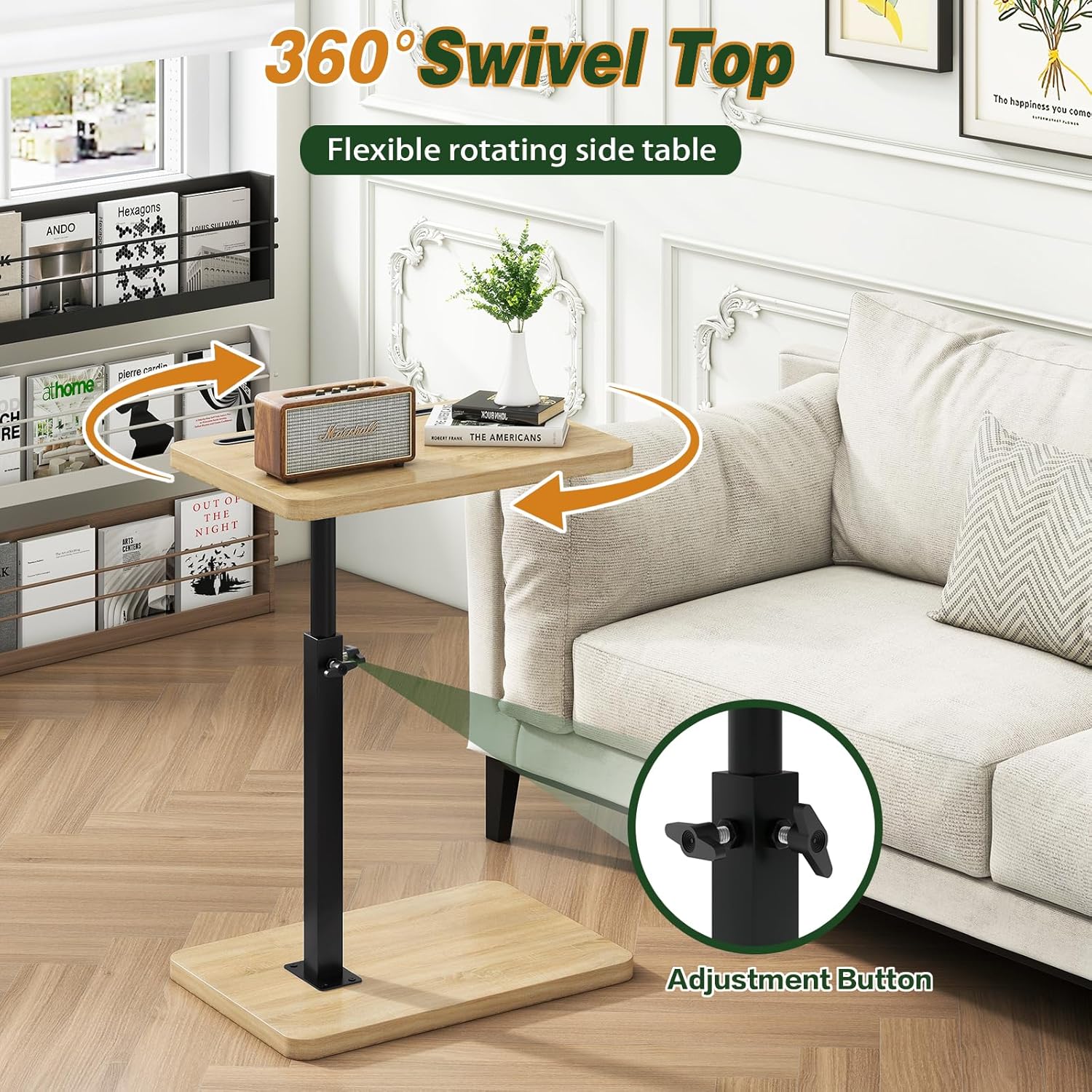 IBUYKE Tray Table for Couch, 360° Swivel Height Adjustable End Table for Small Spaces, with Phone & Tablet Slot, Modern Small Coffee Snack Table for Sofa/Bed, Natural UTVT003R