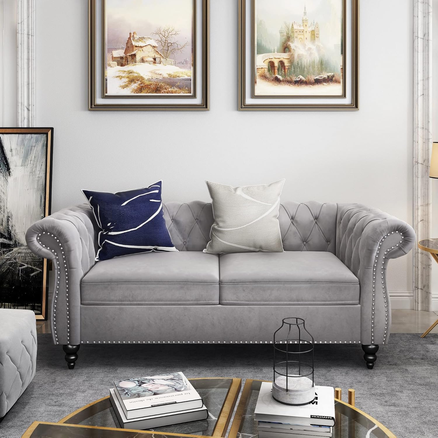 Chesterfield 3 Seater Sofa, Modern Leather Tufted Couch 3 Seater with Rolled Arms and Nailhead Mid-Century Upholstered Couch for Living Room, Bedroom, Apartment and Office, Claret