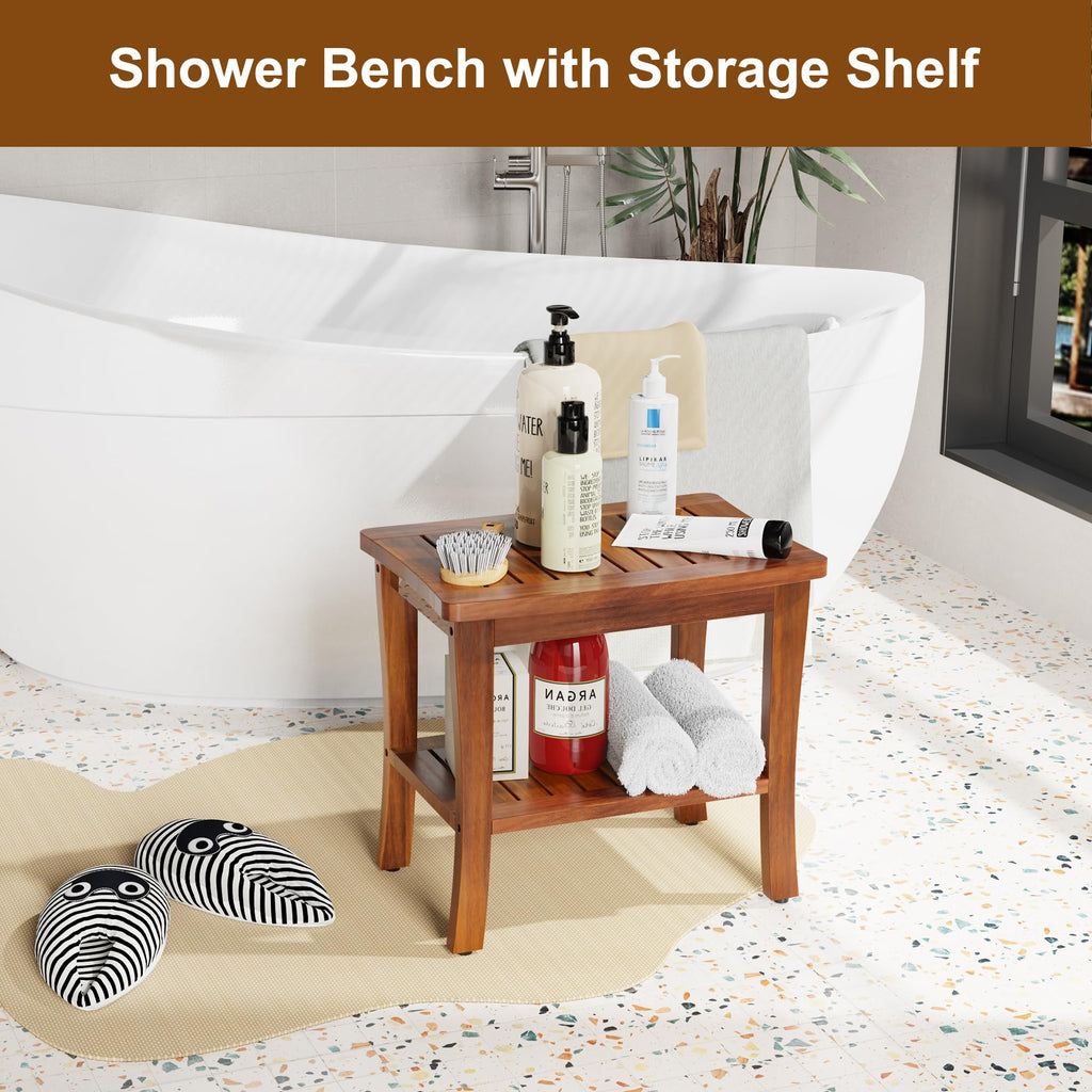 Greenual Teak Wood Shower Bench Stool with Storage Shelf, Wooden Waterproof Bathroom Spa Bathing Teak Shower Stool with Non-Slip Feet Gadget 2024 for Indoor or Outdoor Shower Chair Seat Organizer