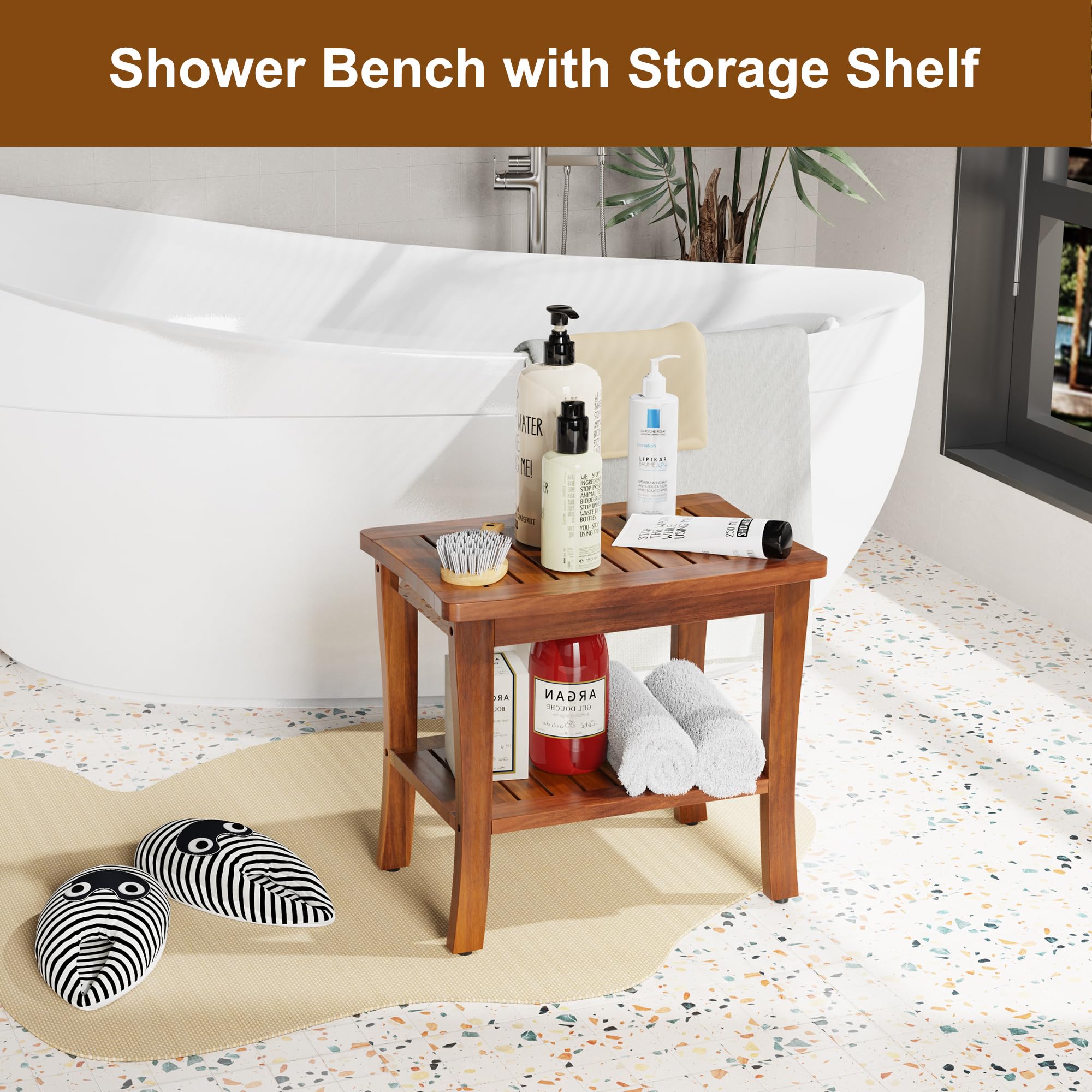 Greenual Teak Wood Shower Bench Stool with Storage Shelf, Wooden Waterproof Bathroom Spa Bathing Teak Shower Stool with Non-Slip Feet Gadget 2024 for Indoor or Outdoor Shower Chair Seat Organizer
