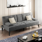 Shintenchi Futon Sofa Bed, Velvet Foldable Couch Reclining Sleeper w/Removable Armrests, Upholstered Loveseat w/Folding Cup Holders for Home, Office, Dark Gray