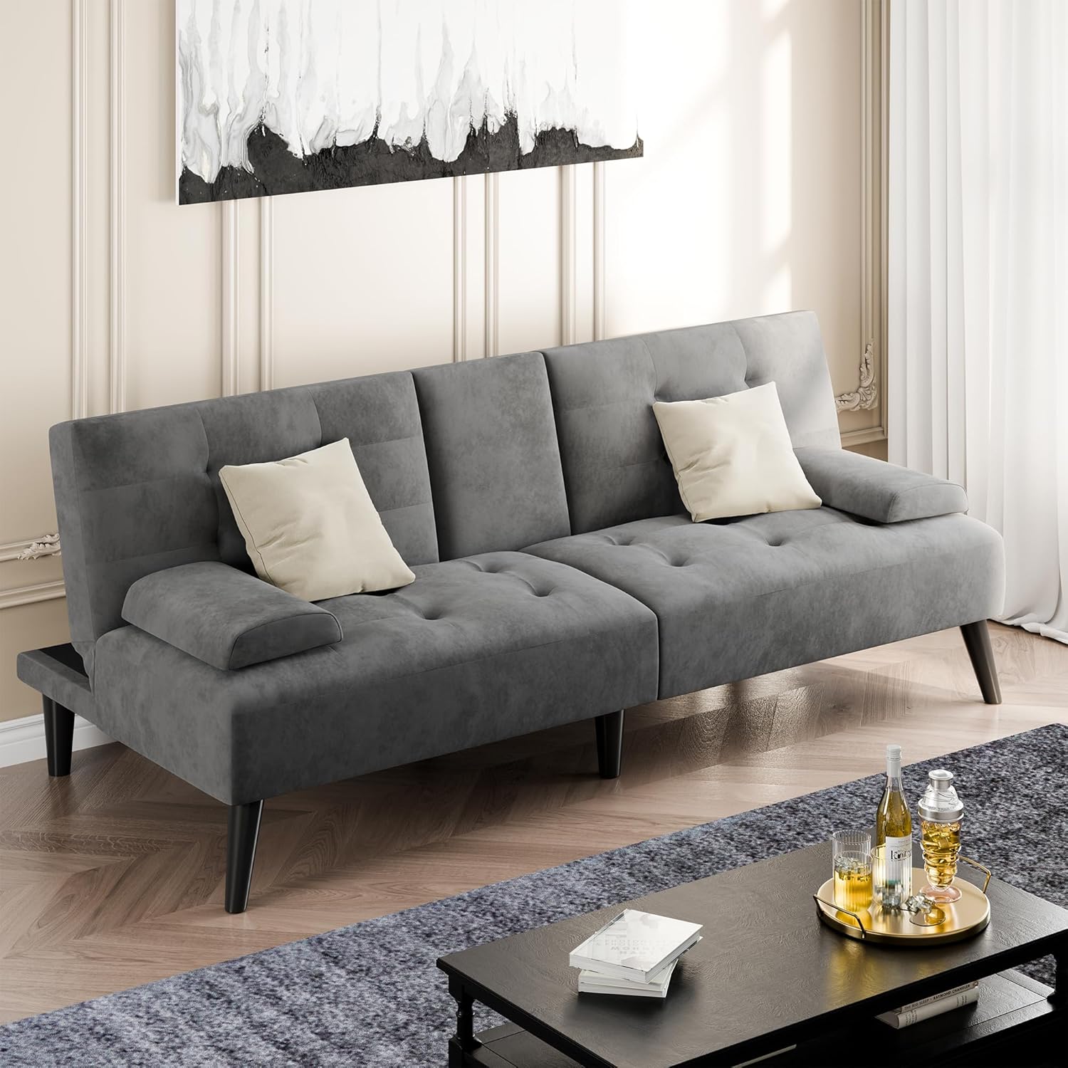 Shintenchi Futon Sofa Bed, Velvet Foldable Couch Reclining Sleeper w/Removable Armrests, Upholstered Loveseat w/Folding Cup Holders for Home, Office, Dark Gray