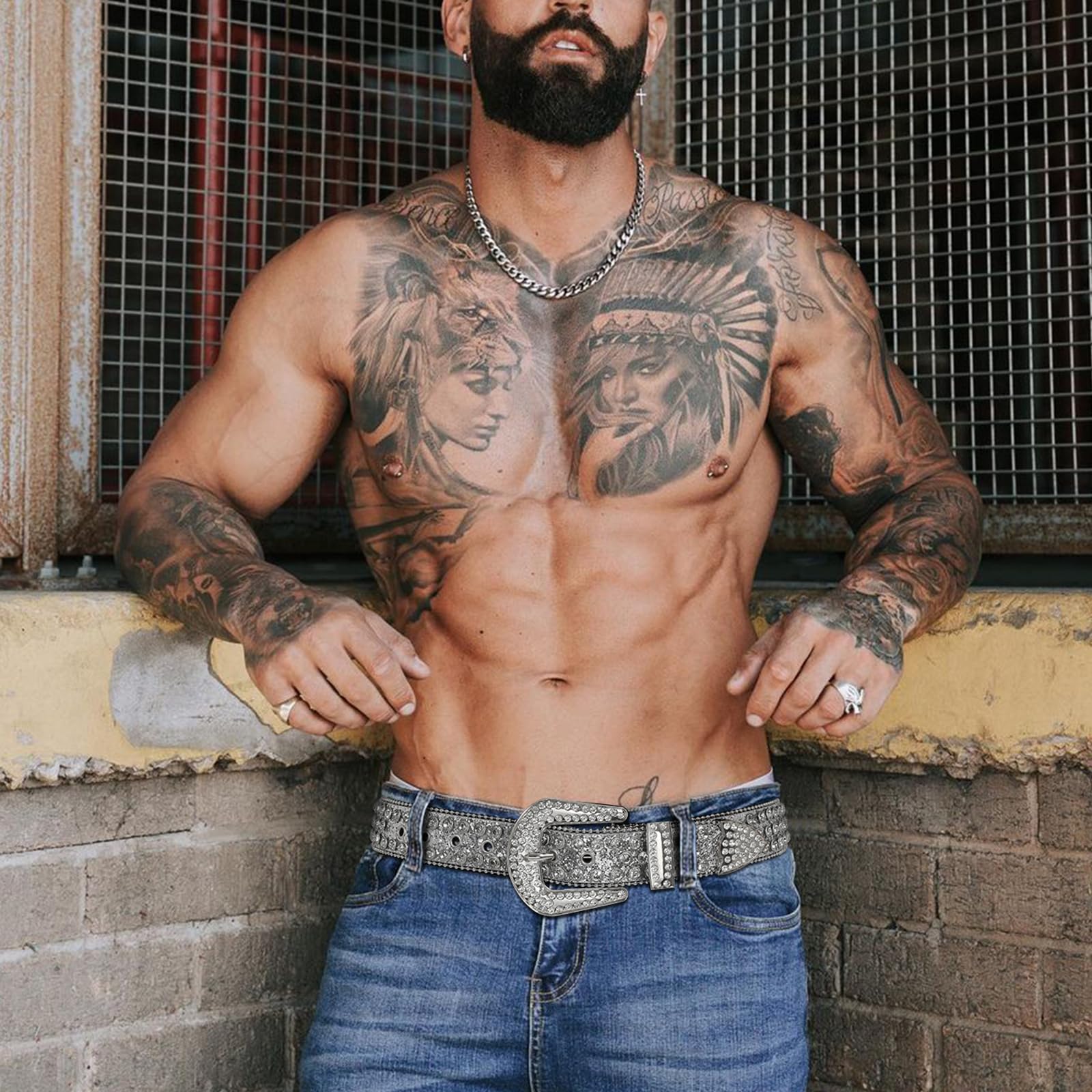 XZQTIVE Cowgirl Bling Studded Leather Belts for Jeans Pants with Rhinestone and Western Silver Buckle, Unisex(All Silver, Fit waist 30-32 inch)