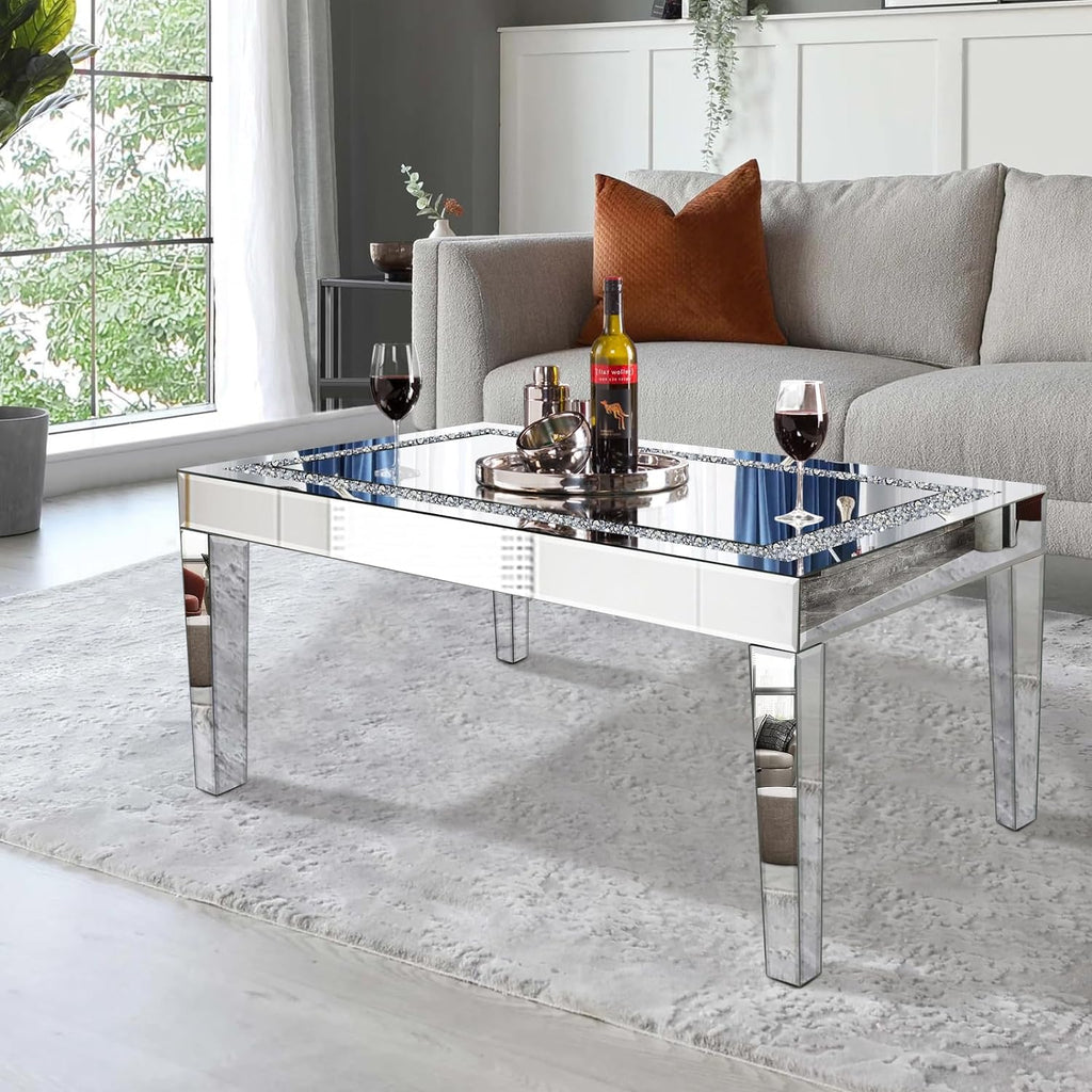 Silver Mirrored Coffee Table with Crystal Inlay, Rectangle Glass Tea Table with Mirrored Finish, Modern Center Table for Living Room and Office (23.6" D x 35.4" W x 17.7" H)