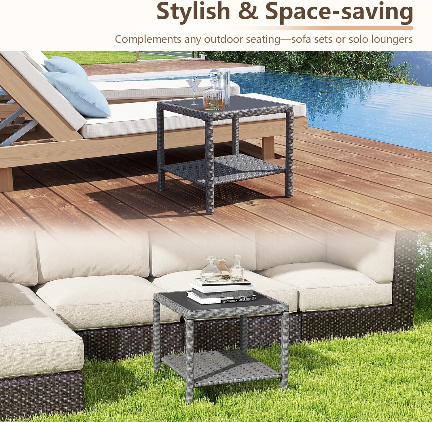 C-Hopetree Small Outdoor Coffee Side End Table for Outside Patio Storage, Gray All Weather Wicker with Glass Top, Square