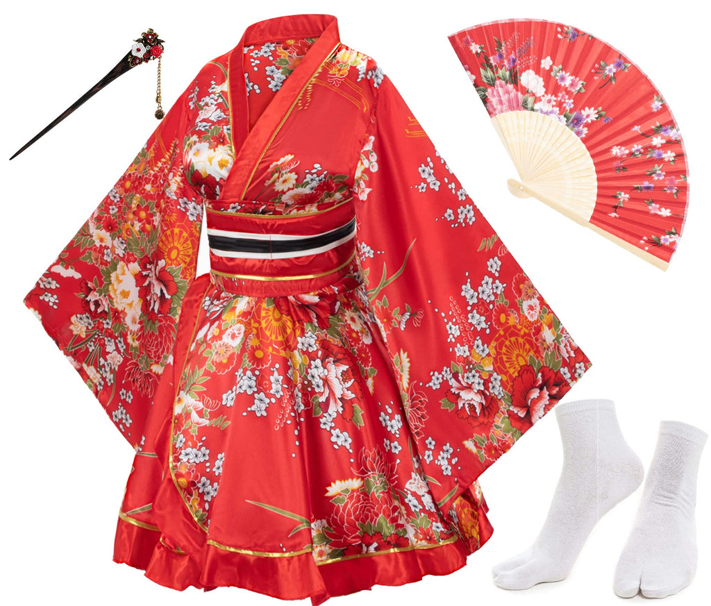 Japanese Anime Women's Dance Kimono Robe Fancy Dress Hand Held Silk Folding Fans Tabi Hairstick Socks Set